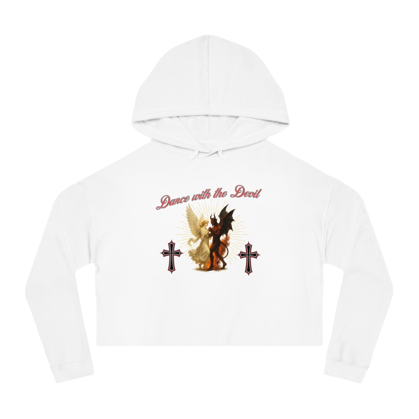 Cropped Hooded Sweatshirt, "Dance with the Devil" Graphic, Edgy Style for Everyday Wear, Perfect for Festivals, Concerts, and Casual Outings