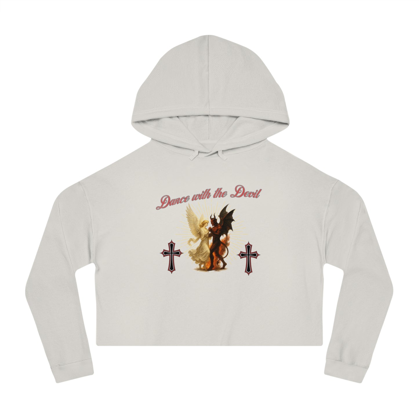 Cropped Hooded Sweatshirt, "Dance with the Devil" Graphic, Edgy Style for Everyday Wear, Perfect for Festivals, Concerts, and Casual Outings