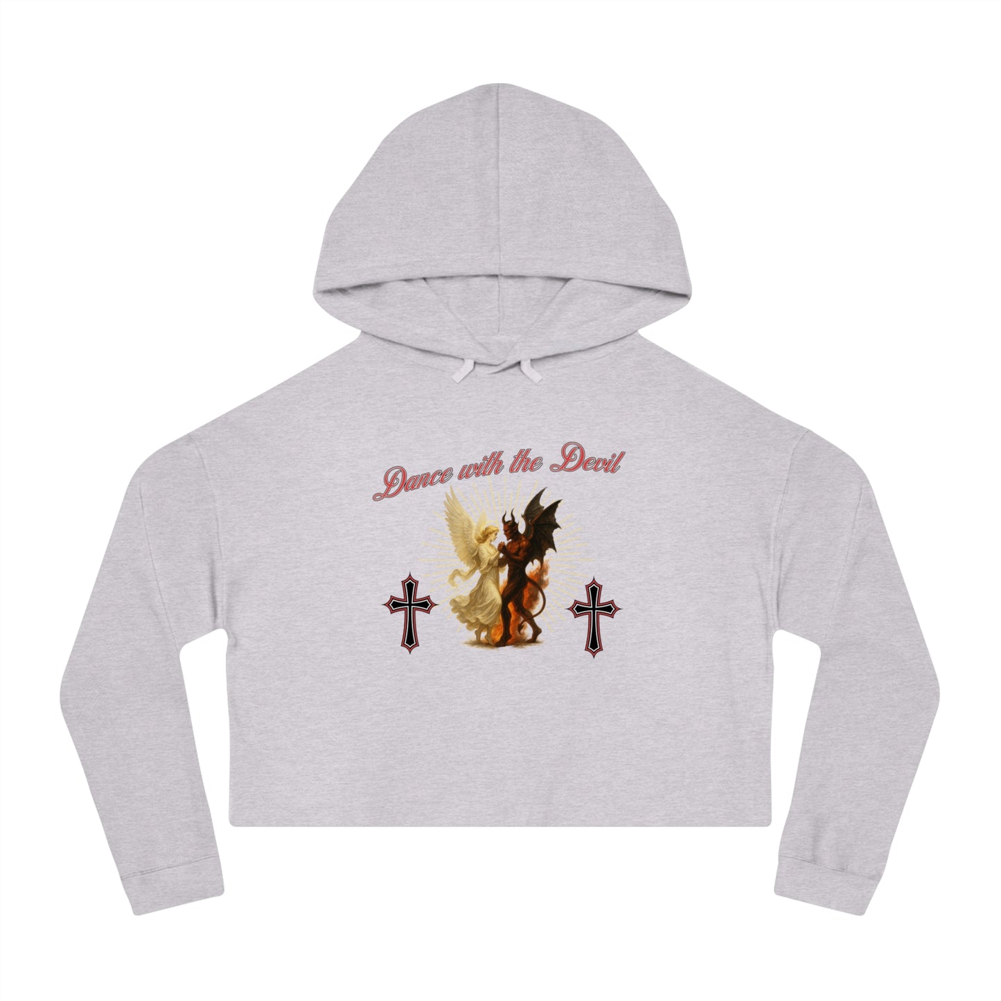 Cropped Hooded Sweatshirt, "Dance with the Devil" Graphic, Edgy Style for Everyday Wear, Perfect for Festivals, Concerts, and Casual Outings