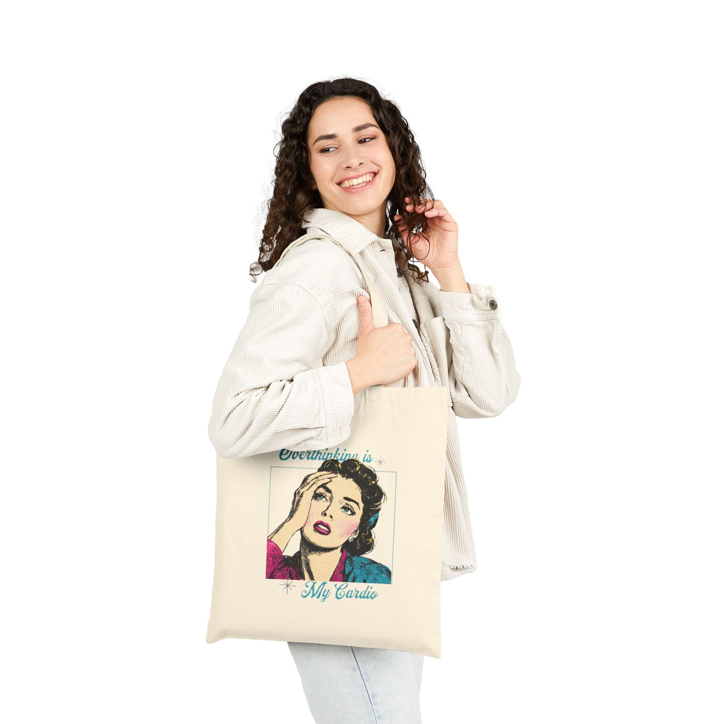 Retro Quote Cotton Tote Bag - Overthinking is My Cardio, Shopper Tote, Gift for Her, Eco-Friendly Bag, Everyday Use Bag