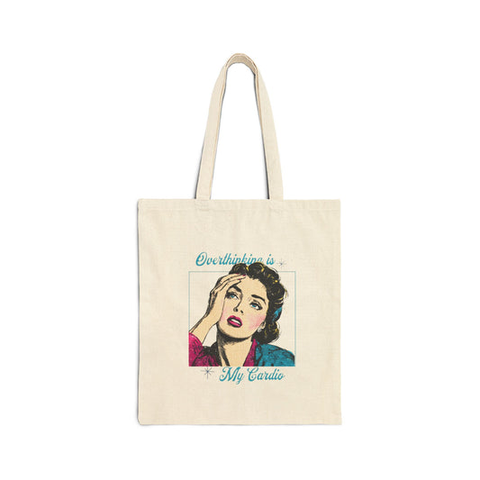Retro Quote Cotton Tote Bag - Overthinking is My Cardio, Shopper Tote, Gift for Her, Eco-Friendly Bag, Everyday Use Bag