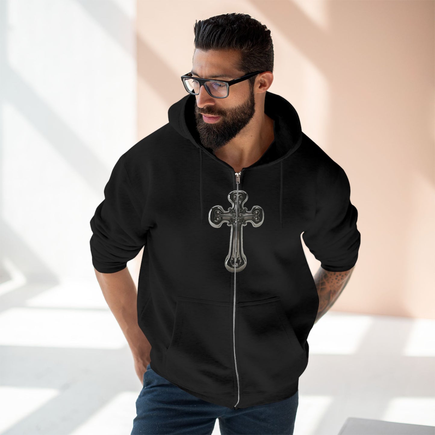 Gothic Cross Zip Hoodie for Spiritual Souls, Unisex Hoodie, Faith-Based Apparel, Cozy Fashion, Gift for Her/Him