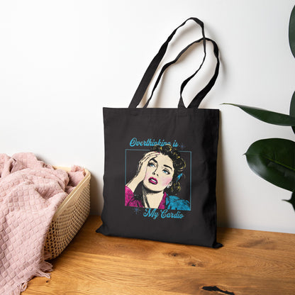 Retro Quote Cotton Tote Bag - Overthinking is My Cardio, Shopper Tote, Gift for Her, Eco-Friendly Bag, Everyday Use Bag