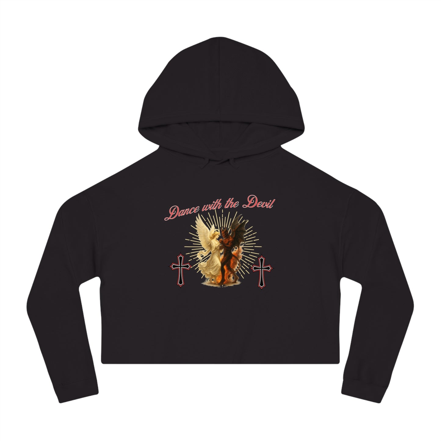 Cropped Hooded Sweatshirt, "Dance with the Devil" Graphic, Edgy Style for Everyday Wear, Perfect for Festivals, Concerts, and Casual Outings