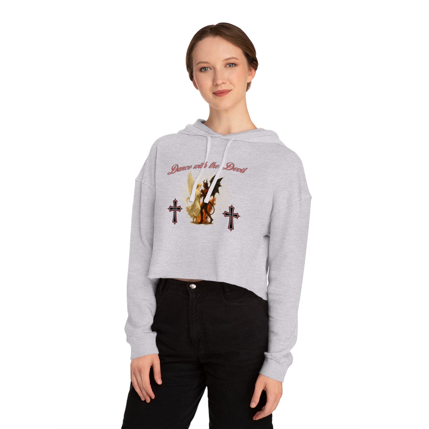 Cropped Hooded Sweatshirt, "Dance with the Devil" Graphic, Edgy Style for Everyday Wear, Perfect for Festivals, Concerts, and Casual Outings