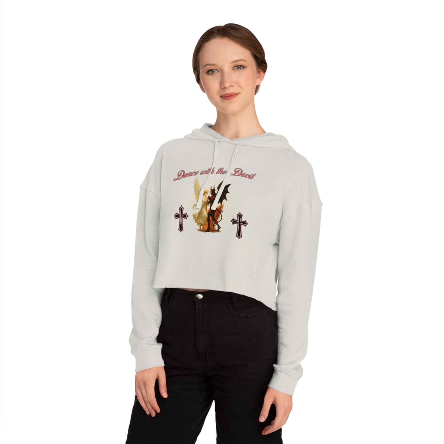 Cropped Hooded Sweatshirt, "Dance with the Devil" Graphic, Edgy Style for Everyday Wear, Perfect for Festivals, Concerts, and Casual Outings