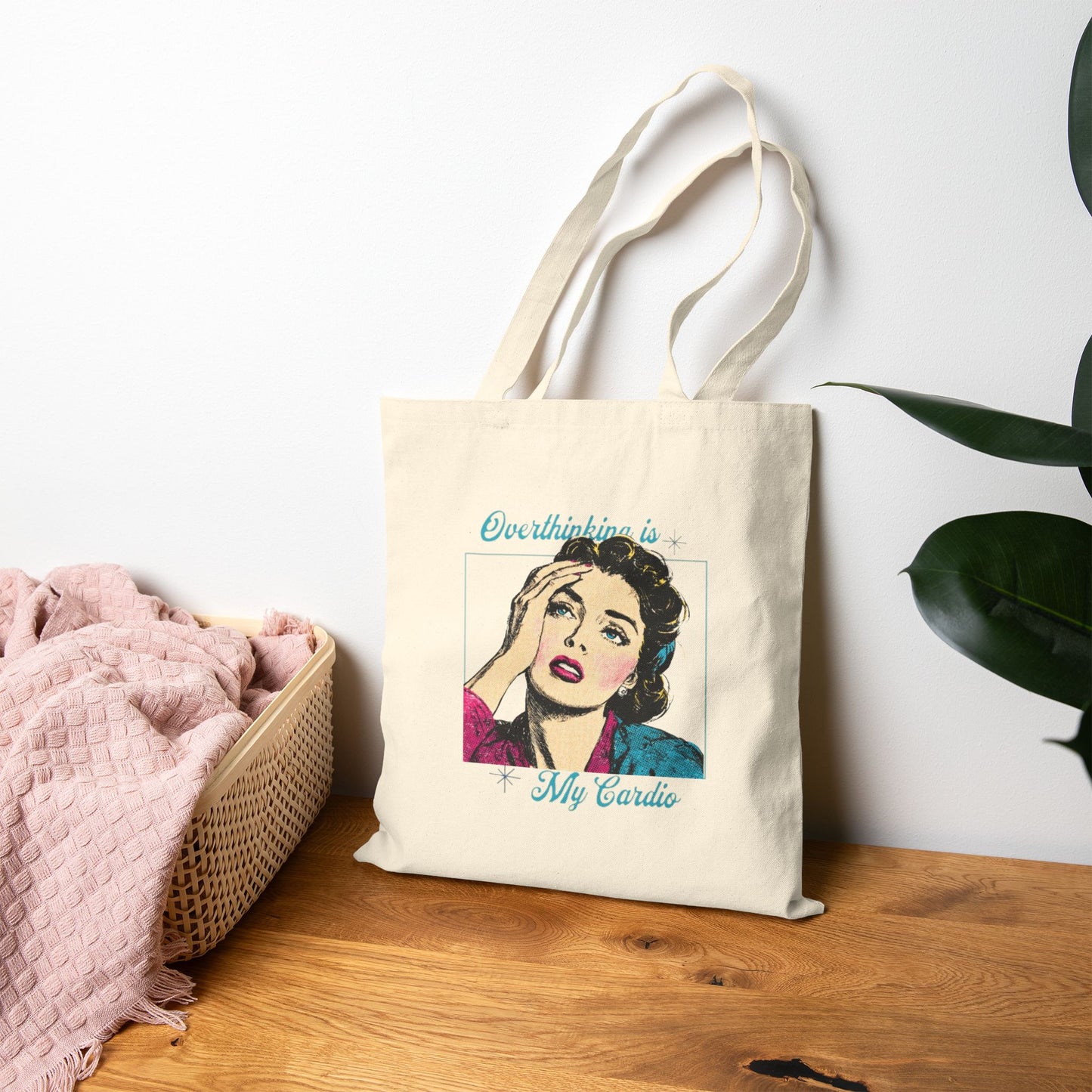 Retro Quote Cotton Tote Bag - Overthinking is My Cardio, Shopper Tote, Gift for Her, Eco-Friendly Bag, Everyday Use Bag