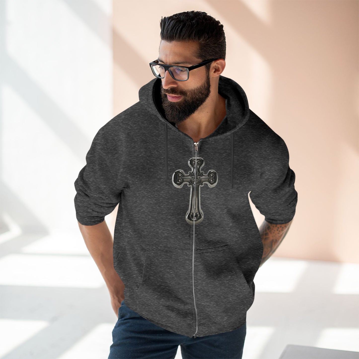 Gothic Cross Zip Hoodie for Spiritual Souls, Unisex Hoodie, Faith-Based Apparel, Cozy Fashion, Gift for Her/Him