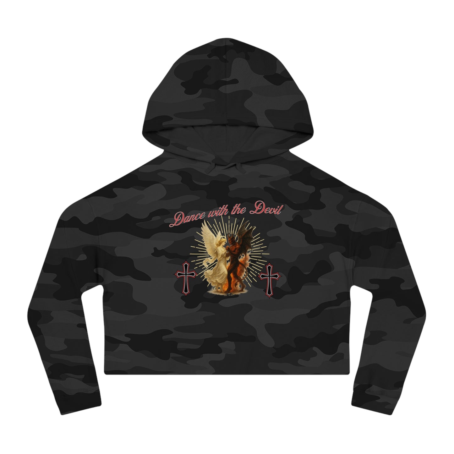 Cropped Hooded Sweatshirt, "Dance with the Devil" Graphic, Edgy Style for Everyday Wear, Perfect for Festivals, Concerts, and Casual Outings